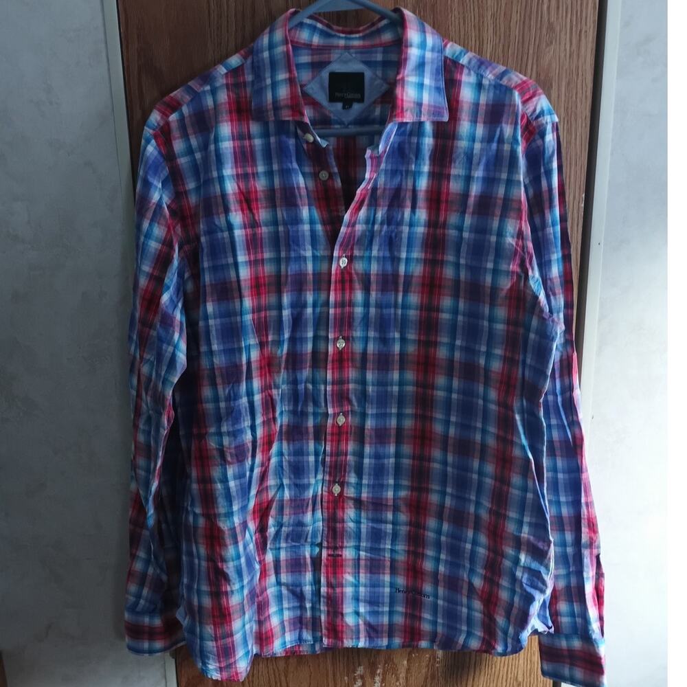 Henry Cottons Plaid Shirt Mens Large EU 41 Red Blue Button Down European Casual